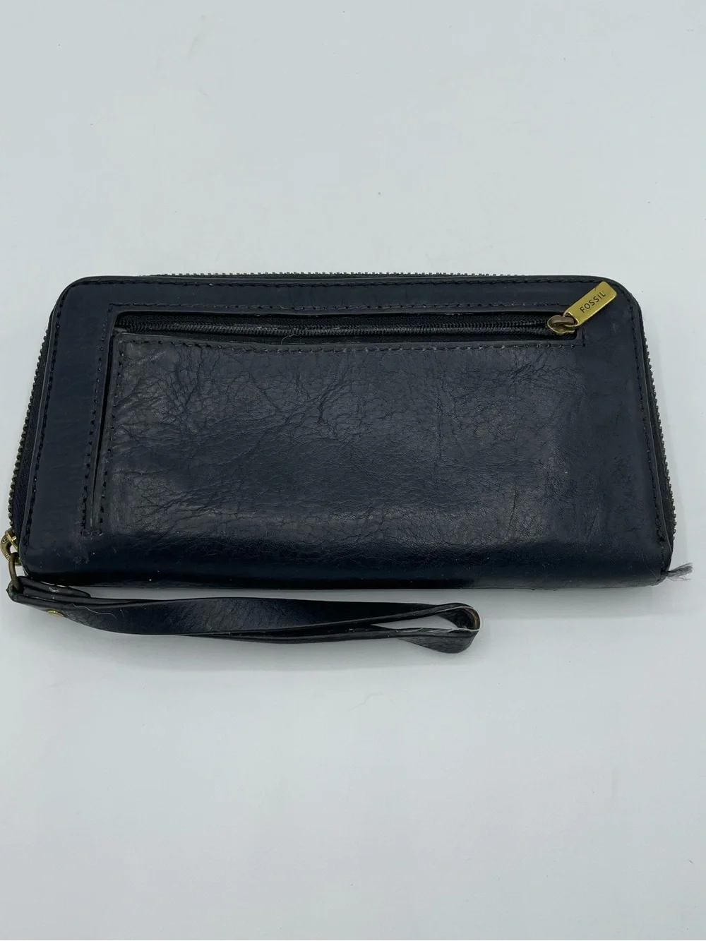 Fossil Black Leather Zip Wristlet with Gold Logo